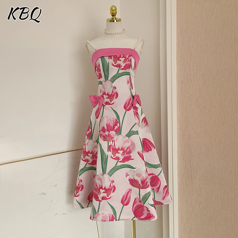 

KBQ French Hit Color Floral Print A Line Dresses For Women Square Collar Sleeveless Spliced Bowknot Tunic Evening Dress Female