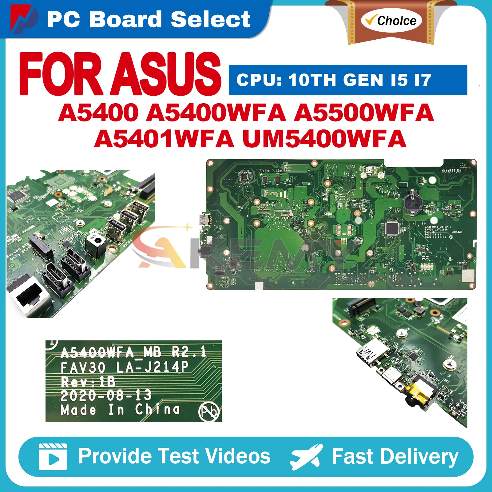 Placa-mãe para laptop LA-J214P, para notebook ASUS VivoBook A5400WFA A5400WF, com processadores de 10ª geração I3, I5, I7, 100% testada e funcional.