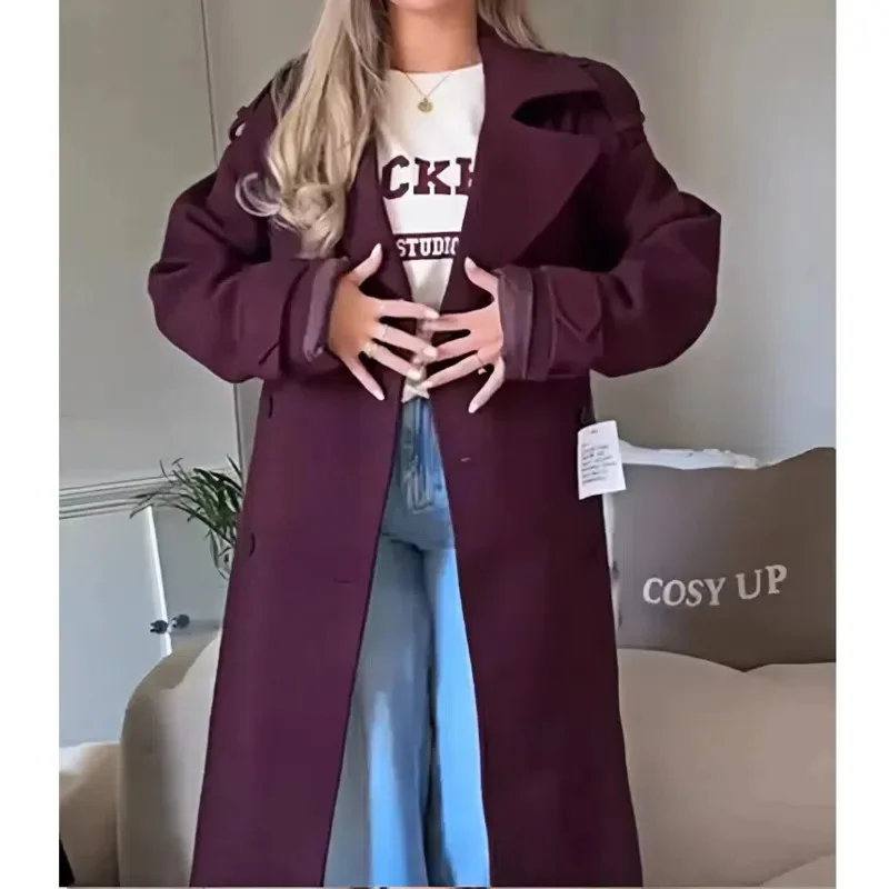 Elegant Burgundy Turndown Collar Single Breasted Coat Women Casual Long Sleeves Sweater Jacket New Fall Winter Lady Outerwear