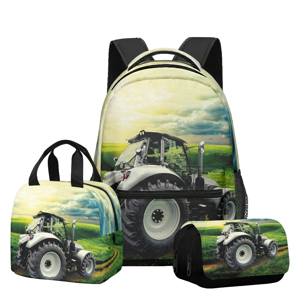 

Популярная новинка, крутой узор трактора, 3D печать, 3 шт./компл., школьные сумки для ноутбука, рюкзак, сумка для обеда, пенал