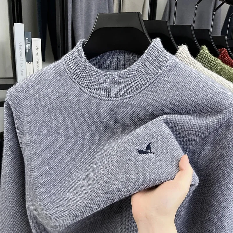 

High end brand round neck sweater men's fashion new exquisite sailboat embroidery winter velvet warm casual knitted pullover