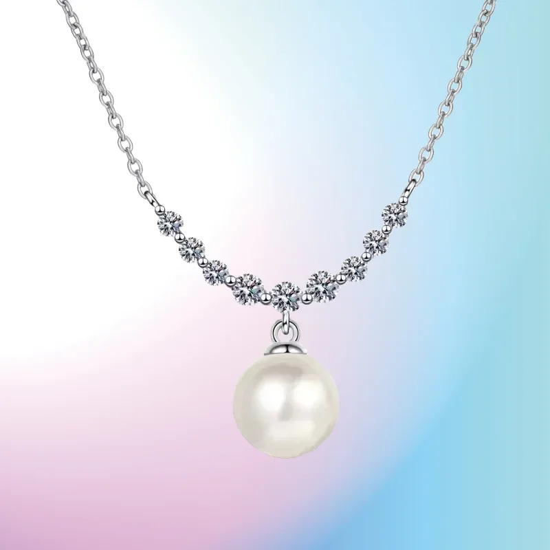 

Wedding Classic PT950 Platinum 8mm Pearl Pendant Natural Freshwater D Color 0.36ct Real Moissanite Necklace for Women Party Gift