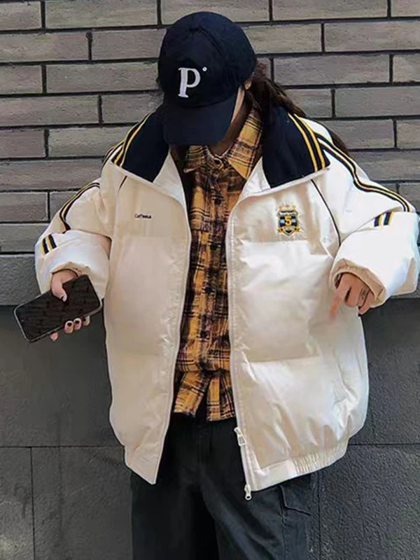 Thiened College Sle Women's down Jaet Winter Warm Cotton Coat Striped American Retro Outerwear Long Sve Zipper