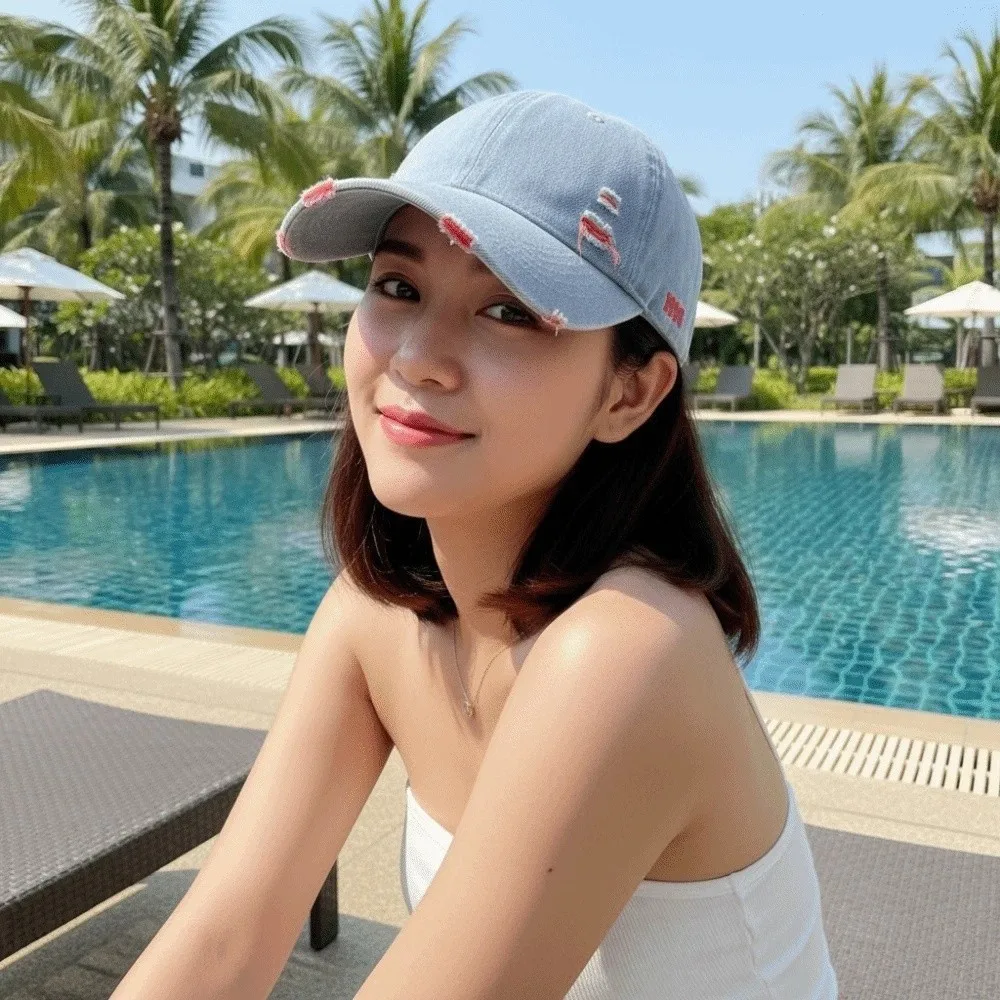 

Adjustable Frayed Denim Baseball Cap Sunshade Sunscreen Unisex Retro Peaked Hat Polyester Embroidered Distressed Blue Casquette