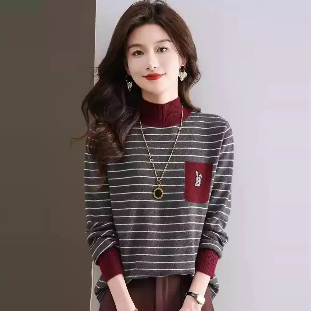 

Half Turtleneck Striped Short Sweater for Women in Autumn and Winter New Style with Fashionable Knitted Base Retro Slimming Top