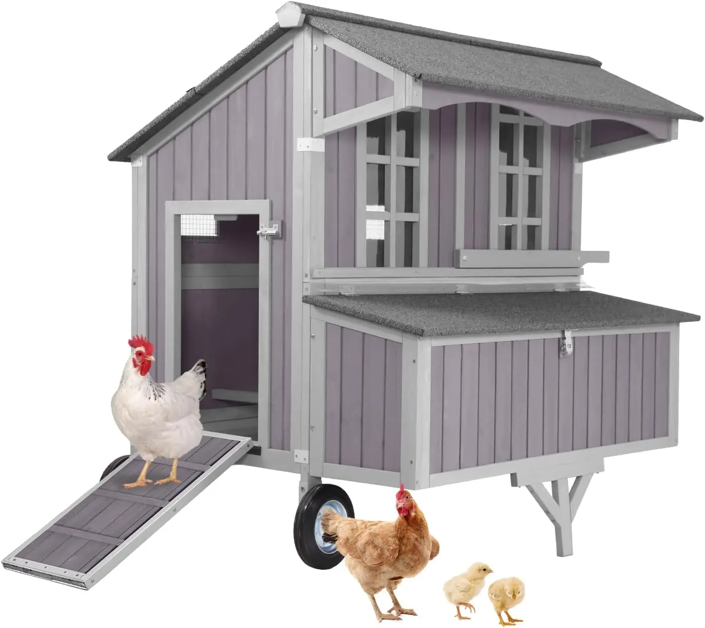 

Outdoor Chicken Coops with Large Wheels,Wooden Hen House with 3 Nesting Boxes Leak Proof Pull-on Tray and UV-Resistant Roof