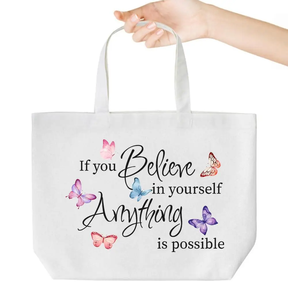 

Inspirational Butterfly Tote. Motivational quote for grocery, school & work. A stylish everyday bag.
