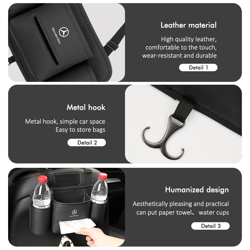 Leather Car Seat Back Water Cup Drink Holder Tissue Storage Bag For Benz W202 W212 W126 W140 W168 W177 CLS GLE GLC GLS CLA