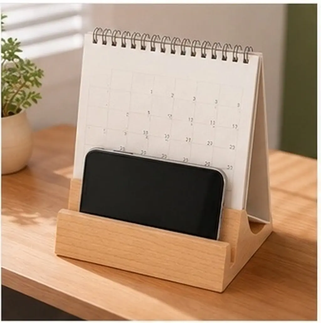 Wooden Dual Slot Desk Organizer Phone Stand Calendar Base Card Holder Display Rack Rustic Compact for Workspace