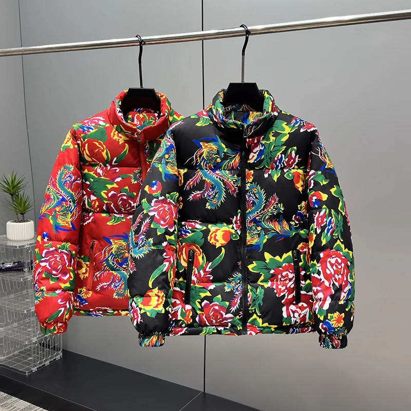 

Новинка 2025 года, хлопковое мужское пальто Thiened, зимнее пальто для пар, северо-восточное пальто с большим цветочным узором и узором пиона, молодежное модное полиэстер...