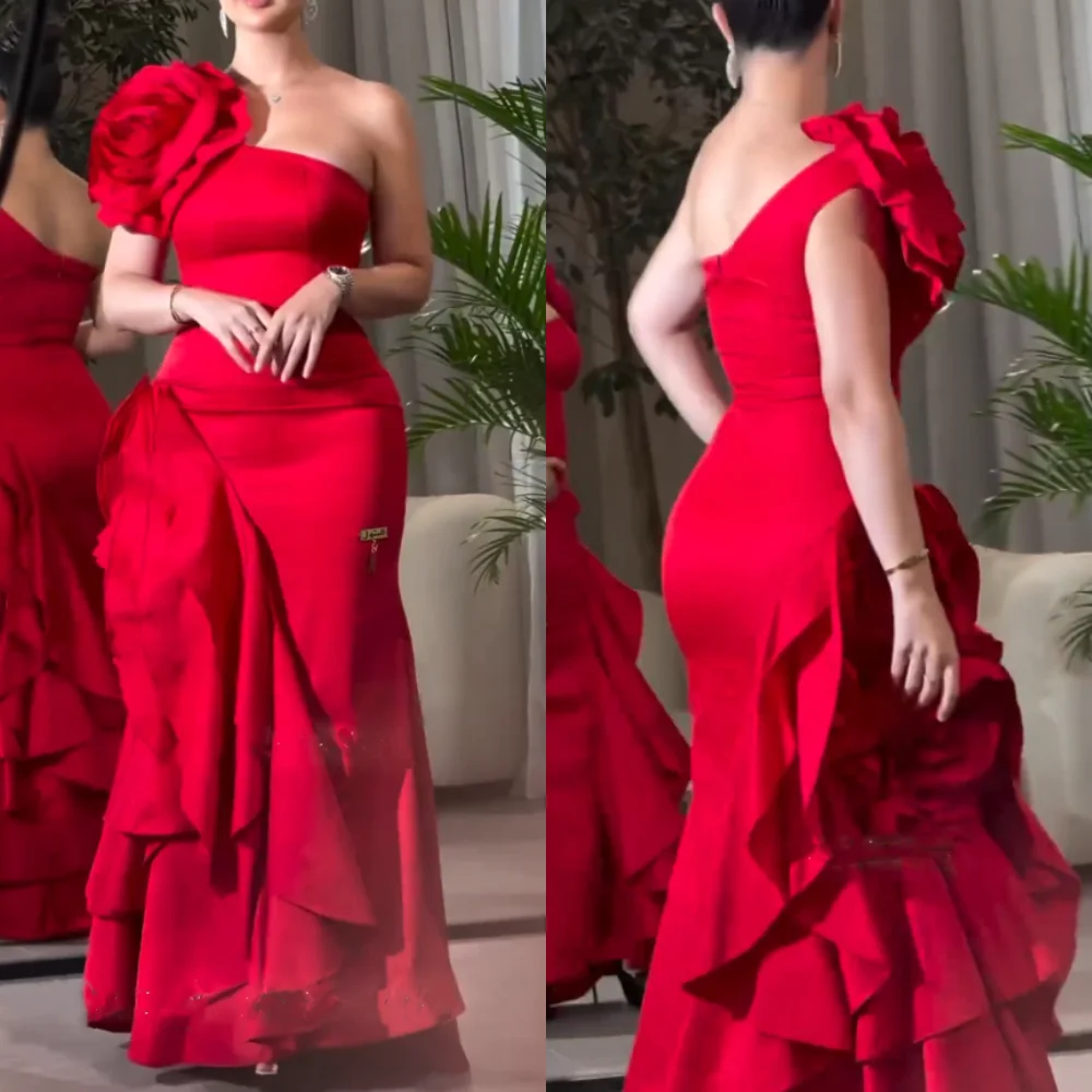 Women Customized	Asymmetrical One-Shoulder Sheath Prom Dress Formal Ocassion Gown Flower Satin vestido de casamento 2023