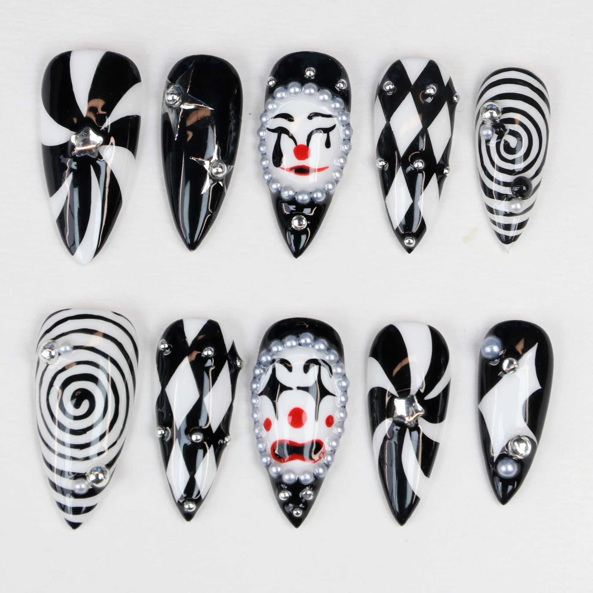 10개입 3D 수제 매니큐어 프레스온 네일, 광대 아크릴 가짜 손으로 그린 맞춤 디자인 모든 성인의 날 접착 네일 파일 세트