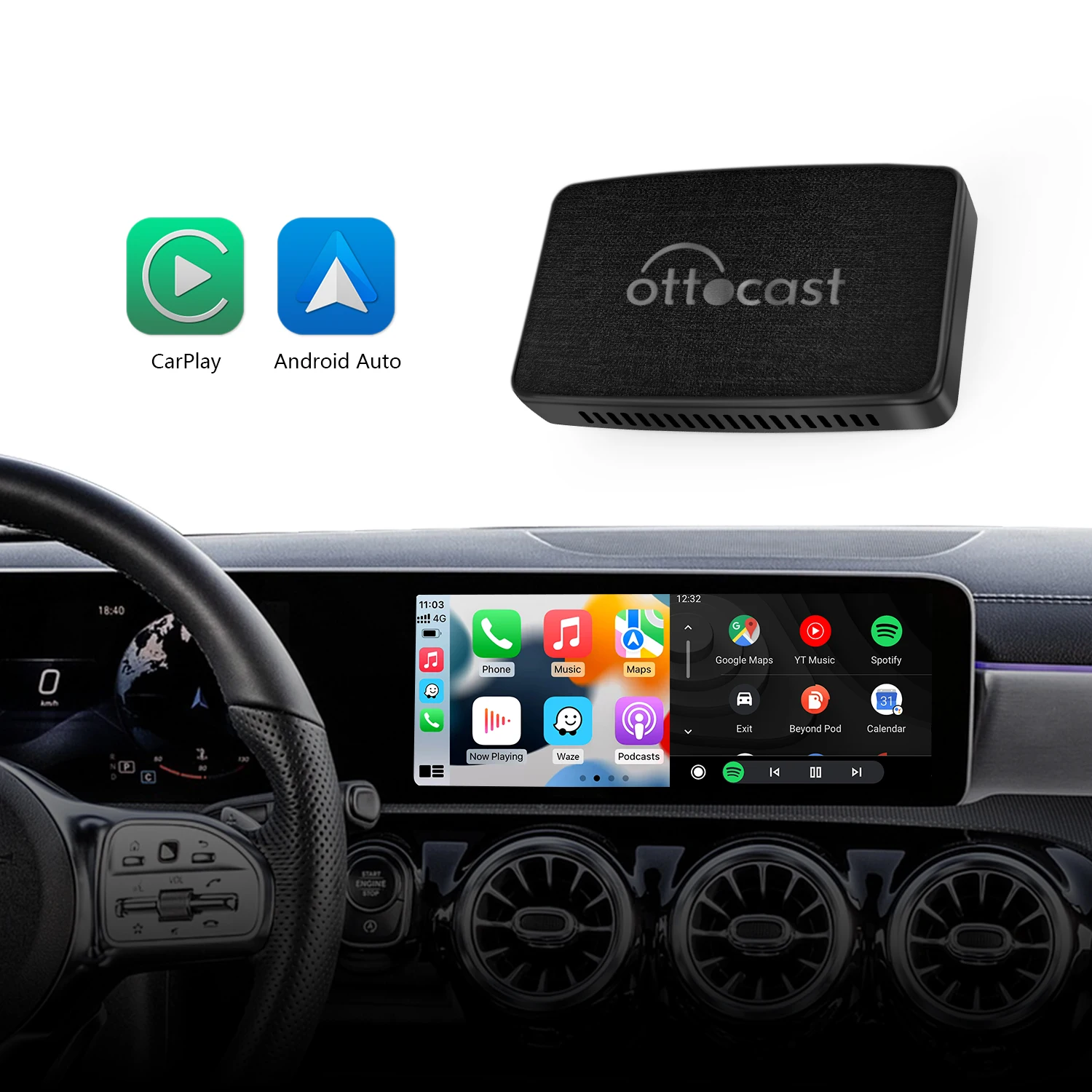 OTTOCAST U2-X Android Auto CarPlay 2 in 1 Wireless Dongle Adapter Box for Mazda Mercedes Audi Porsche Volvo with OEM Car Play