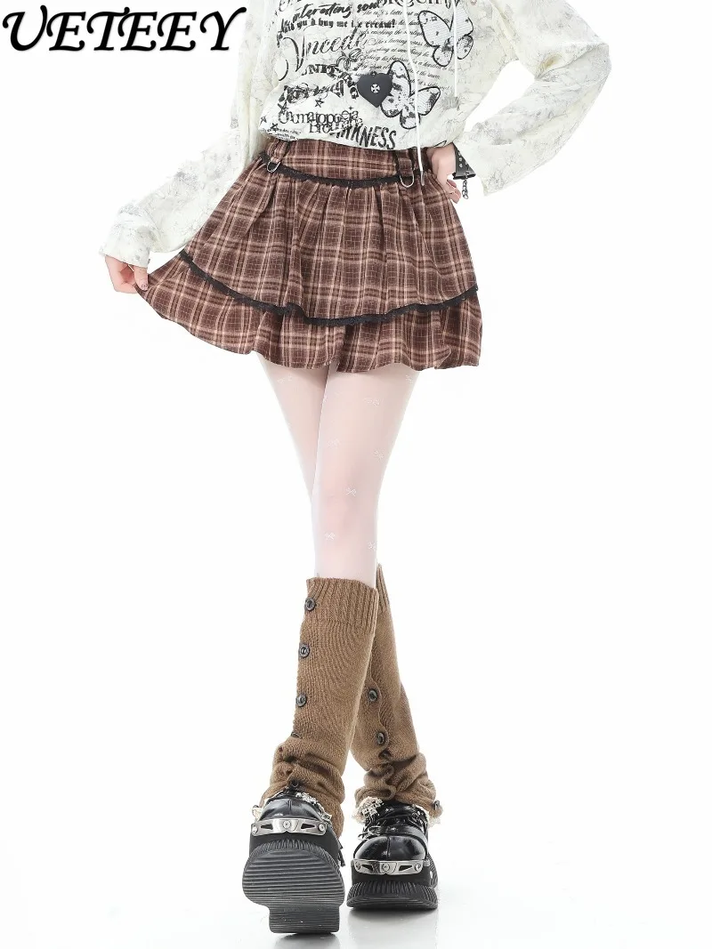 

Summer New Campus Style Lace Patchwork Plaid Cake Mini Skirt Sweet Cute Girls Versatile High Waist A-line Short Skirts