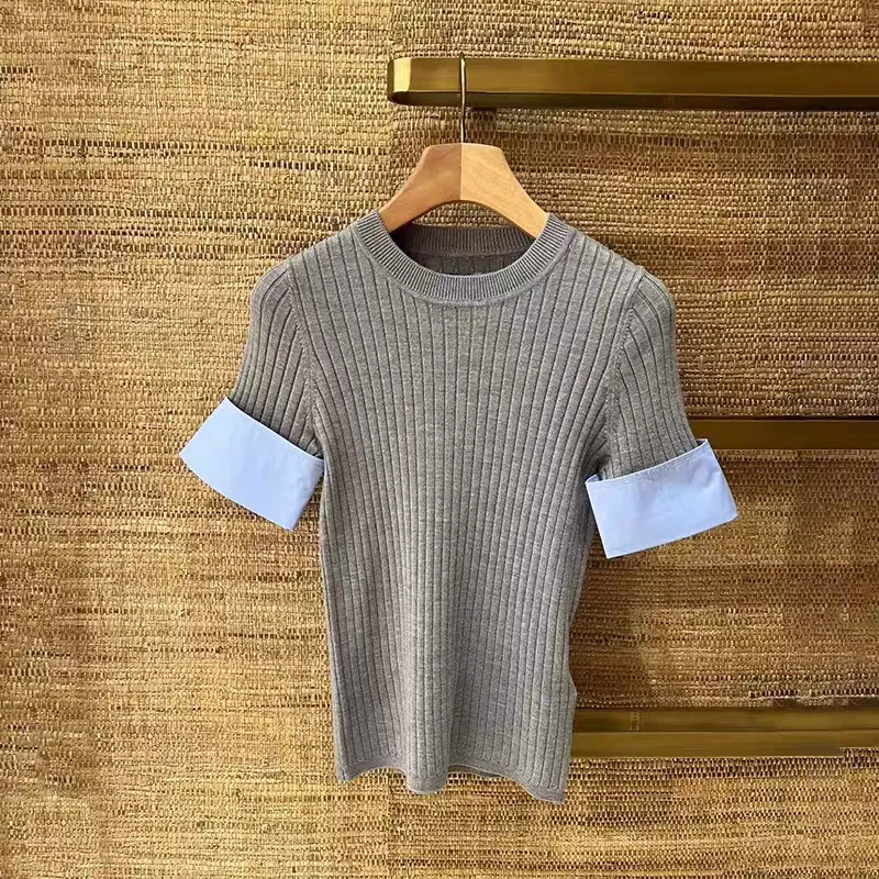 

Soft Knitted Top Color Blo Sve round Ne Moisture ng Summer Faion Women's T-irt Commute Sle Pure Color Knitwear