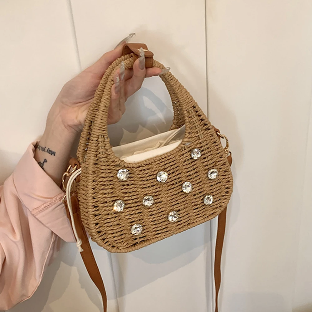 

Diamond Woven Straw Bag Summer Travel Beach Bags for Women Handbags 2025 Bohemian Clip Shoulder Crossbody Bag Knitted Clutch NEW