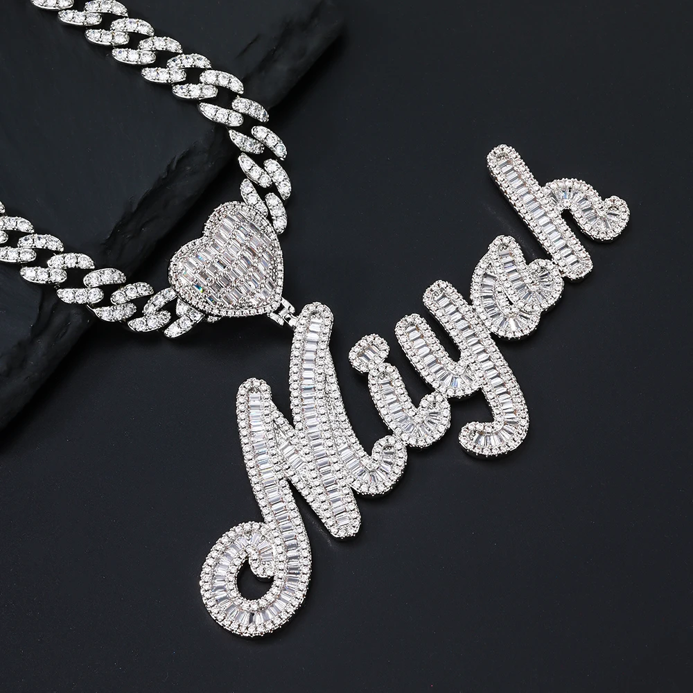 Hip Hop Baguettes Cursive Brush CZ Custom Name Necklaces Letters & Pendant Cubic Zirconia For Men Women Jewelry With Heart Clasp