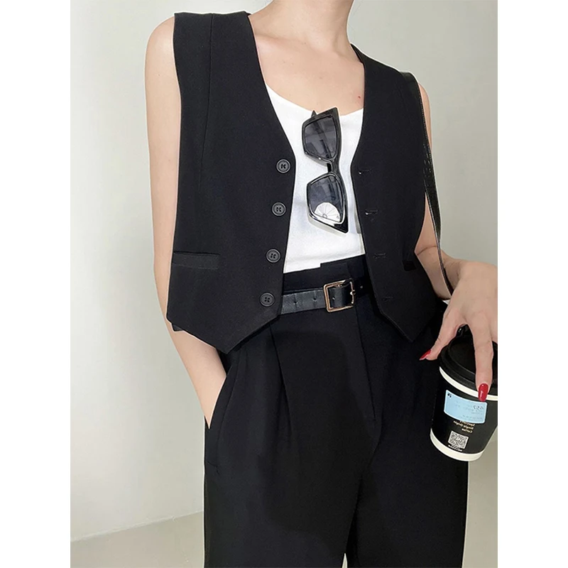 MEXZT Elegant Cropped Blazer Vest Women Vintage Black Suit Waistcoat Jackets Korean White Sleeveless Coat V Neck Outwears Tops