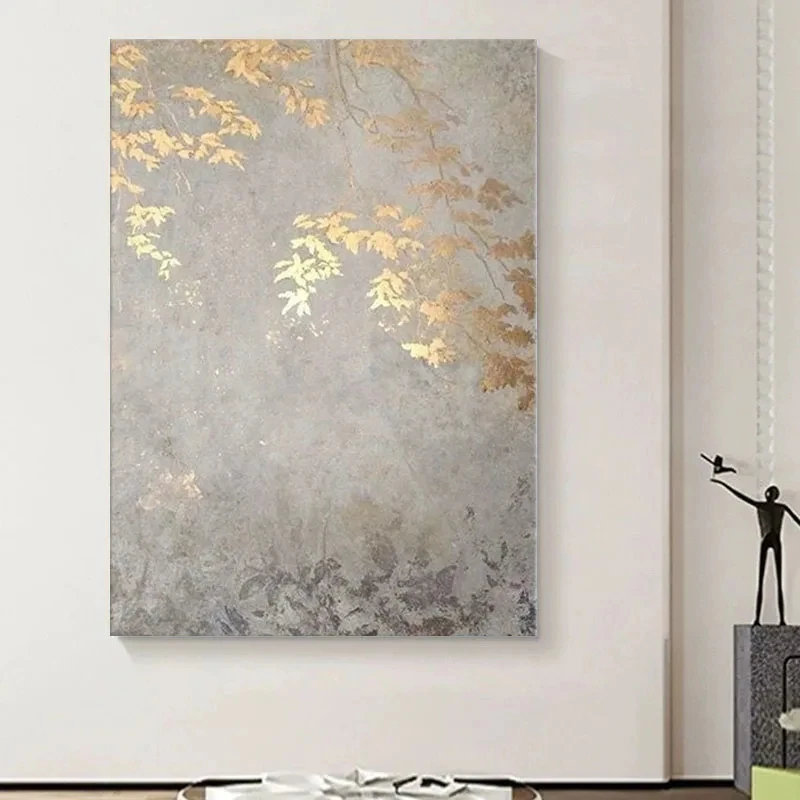 Hand Drawn Canvas Oil Painting With Golden Leaves,Modern Abstract Wall Decoration, Living Room,Bedroom, Office,No Frame,Hot Sale