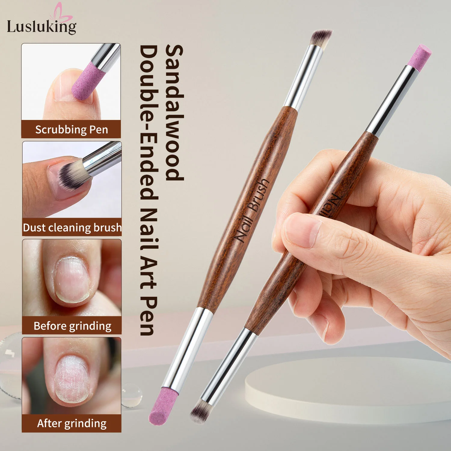 1/2/5PCS 2-in-1 Nail art Pinsel Holzgriff Dual Funktion Quarz Schleifen Kopf Nagel staub Pinsel für Maniküre Multi-Use-Nagel Werkzeug