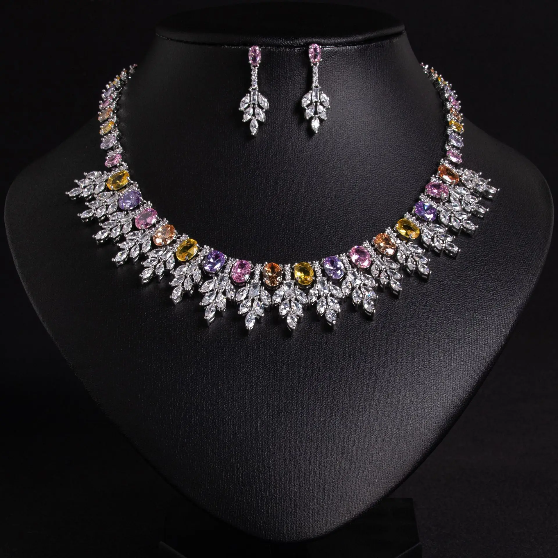 New Gorgeous Leaf Tassel Necklace Earrings Ladies Zirconia Jewellery Set Party Prom Dress Graduation Gift Accessories M-348