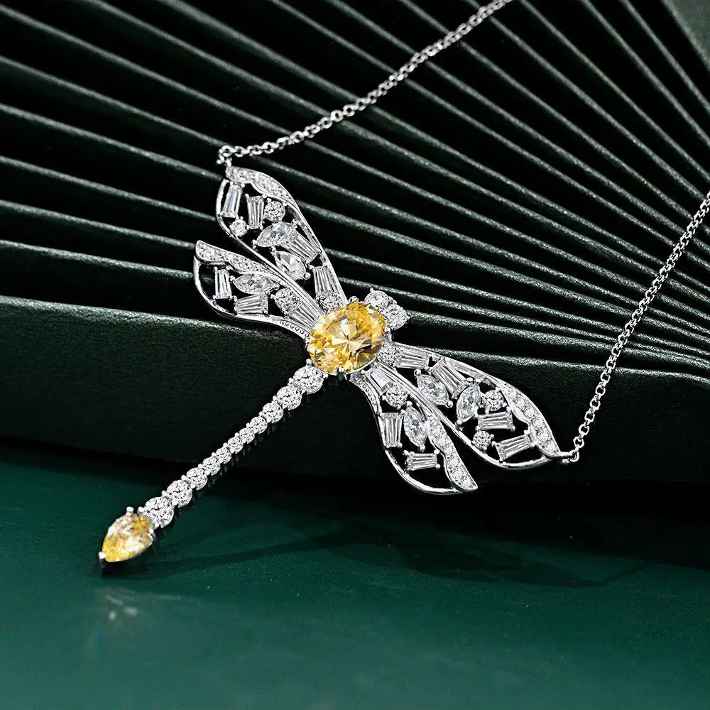 Dragonfly Pendant 5ct Water Drops 8 * 10 High Carbon Diamond Collar Chain 925 Silver Advanced Feeling Necklace Female 40+3