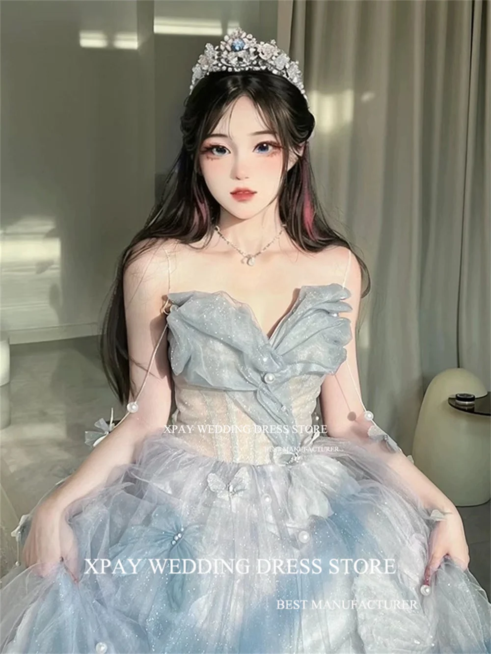 XPAY Princess Shiny Korea Evening Dresses Blue Sparkly Fairy Tulle Photo Shoot Corset Formal Birthday Party Dress 3D Lace Tassel