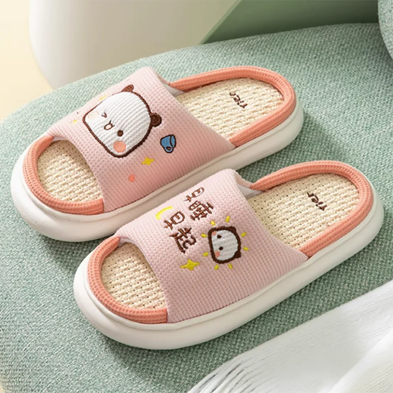 Bubu And Bubu Panda Women Slippers Home Outdoor Couple Shoes Mitao Cat Linen Leisure Non-Slip Thick Sole Summer Breathable Cool