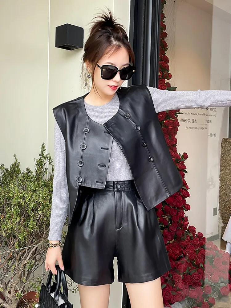 Spring New Women Double Breasted Vest Top Shorts Two Piece Set Casual Soft Sheepskin Genuine Leather Matching Sets Streetwear