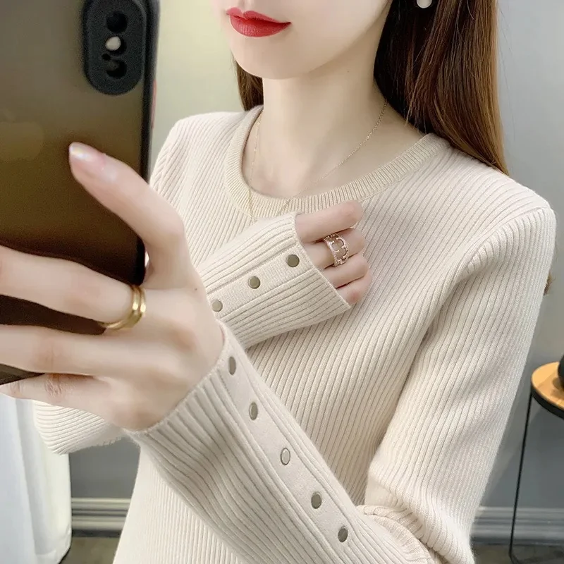 Fashion Women Long Sleeve Knitted Sweaters Spring Autumn New Solid Slim O-Neck Korean Basic Casual Bottoming Pullovers Tops