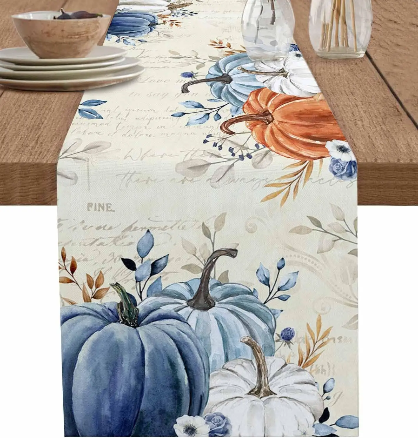 Blue Grey Pumpkins Maple Leaf Fall Linen Table Runners Autumn Thanksgiving Decoration Dresser Scarf Table Decor Home Party Decor