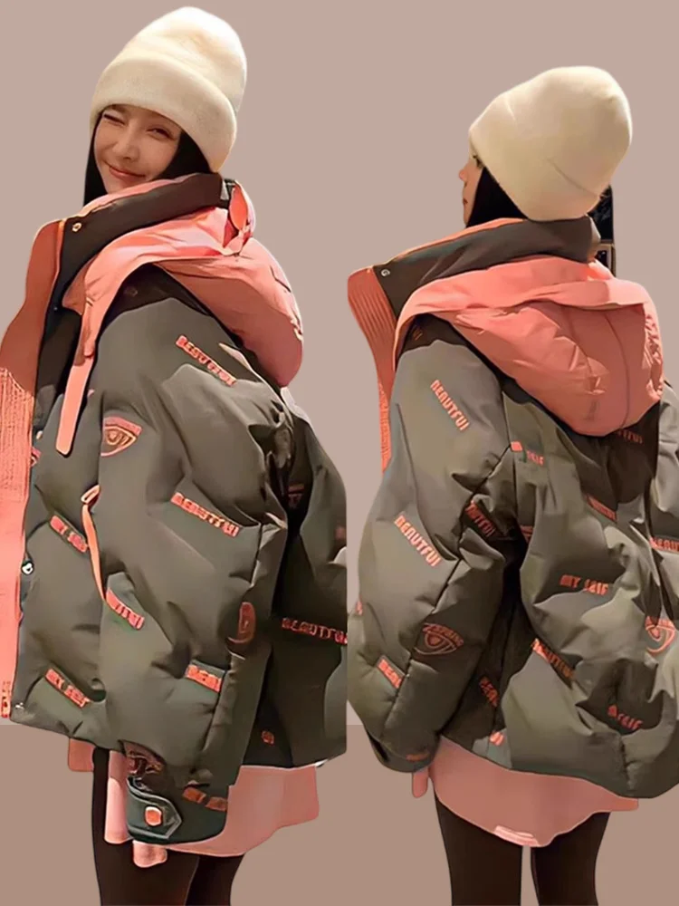 

Thiened Cotton Jaet Hooded Print Women's Winter Warm Coat Loose Outerwear Polyester Filling Zipper Closure Long Sve