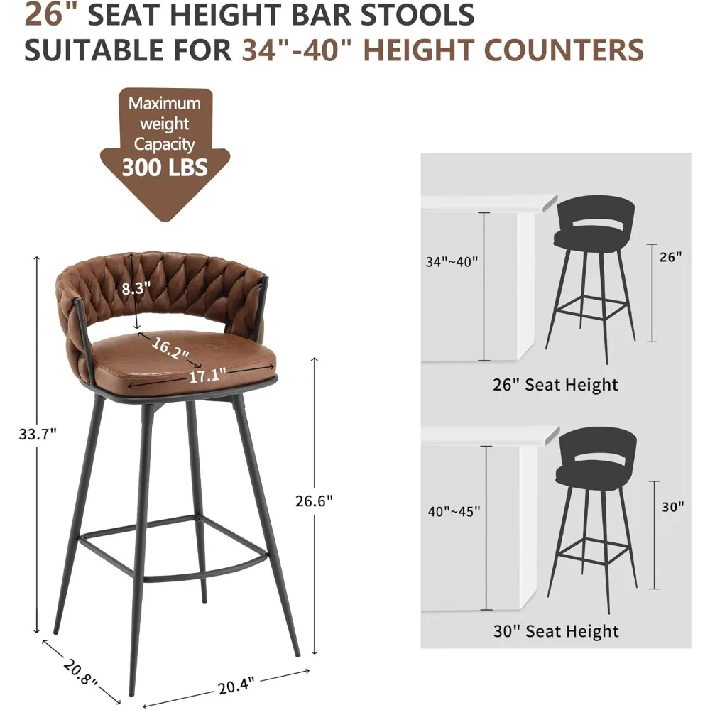 Counter Height Bar Stools Set, 26 Inch Seat Height Bars Stoolses, Swivel Barstools with Woven Back and Footrest, Bar Stools