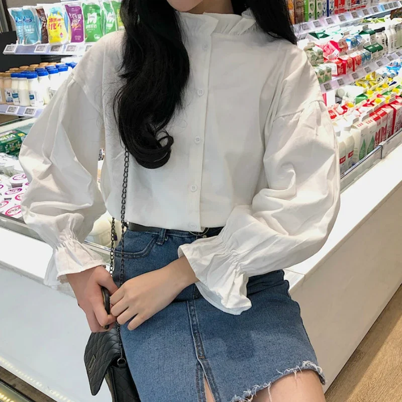 Shirts Women Ruffle Leisure Stand Collar Solid Flare Sleeve Womens Chic Pleated Loose Blouses Sweet Shirt Students All-match New