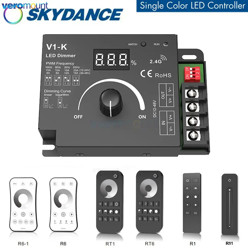 Skydance V1-K DC 12V 24V 20A PWM Wireless LED Dimmer Rotary Numeric Display RF LED Controller for Single Color Dimming LED Strip