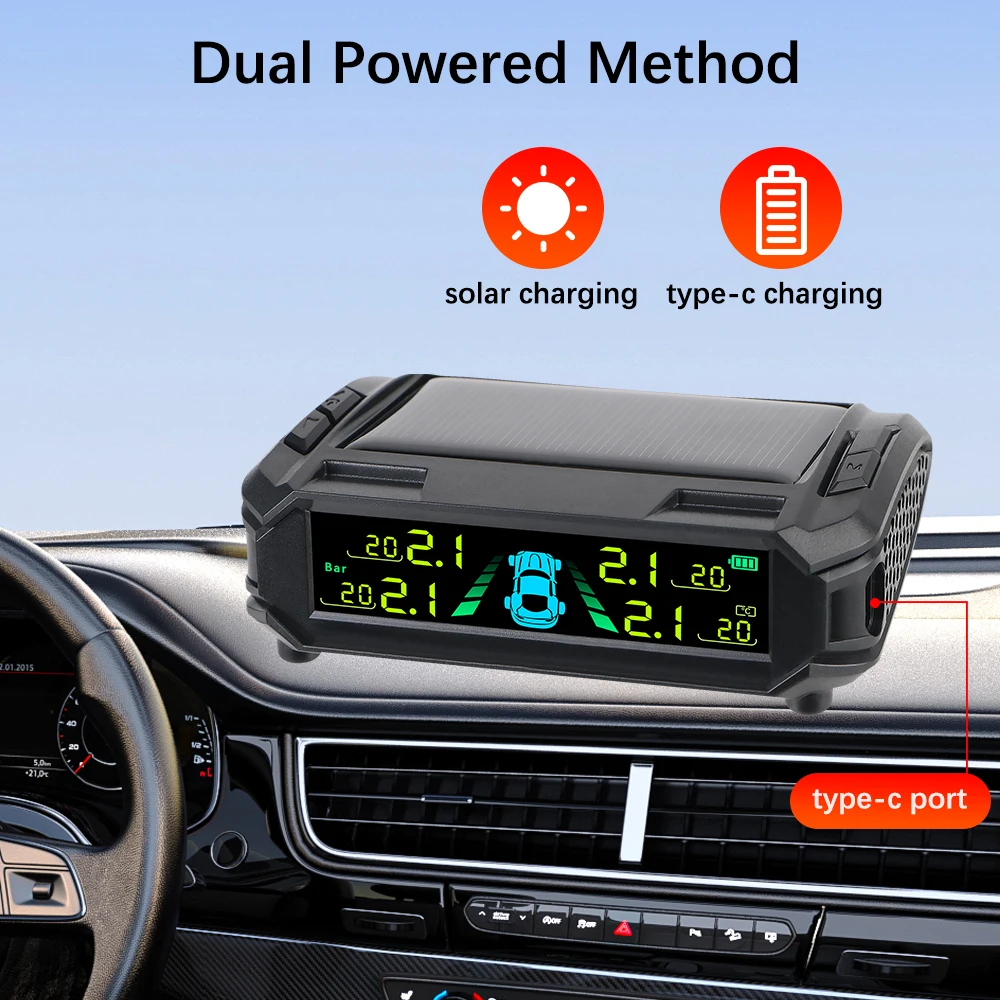 سيارة الشمسية TPMS نظام مراقبة ضغط الإطارات السيارات إنذار الأمن شاشة ديجيتال اختبار درجة حرارة الإطارات 4 أجهزة الاستشعار 433.9200MHz