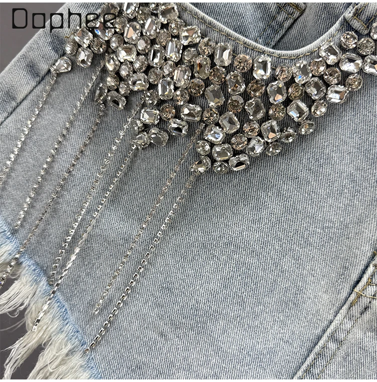 Heavy Industry Diamond-encrusted Fringed Denim Shorts Women Summer New High-waisted Slim-fitting European Wide-leg Hot Pants