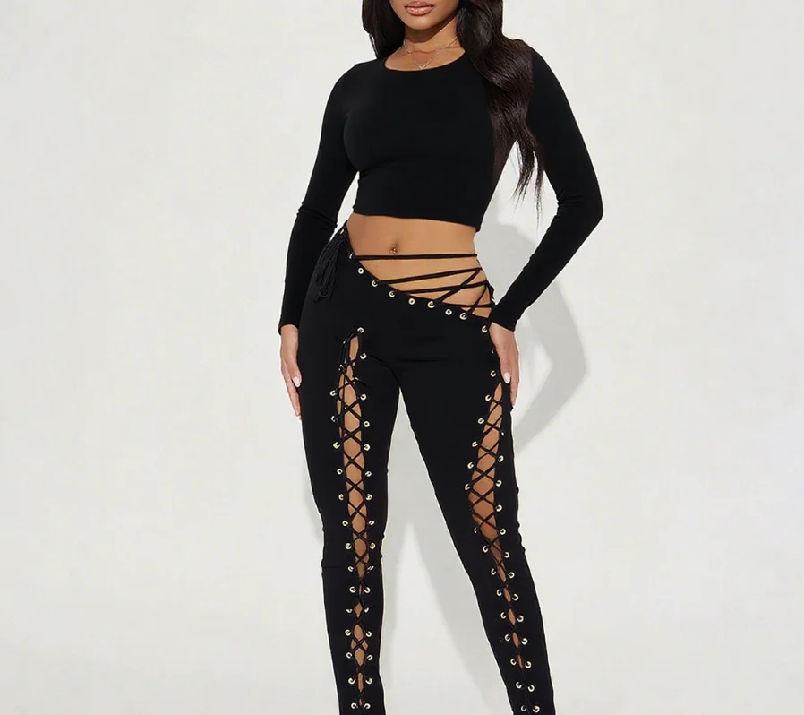 

Two Piece Set Women Outfit 2026 New Spring Solid Color Round Neck Long Sleeve Crop Top & Sexy Hollow Strap Skinny Pants Set