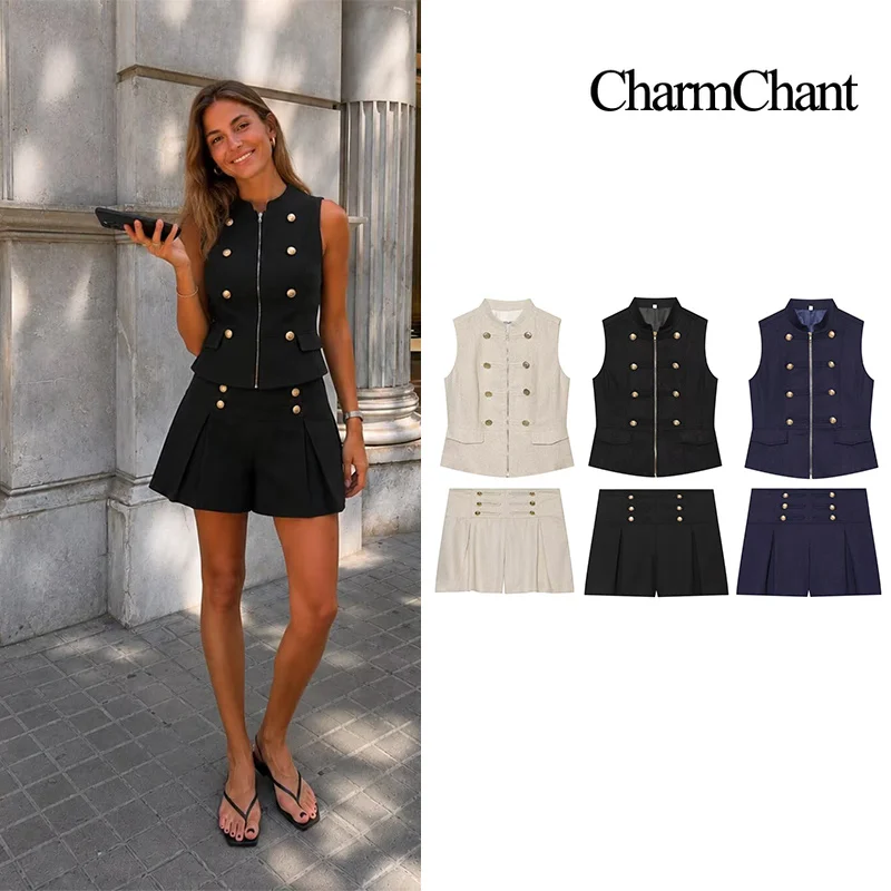 CHARMCHANT Conjunto de Dos Piezas para Mujer, Chaleco Militar Y2K de Lino, Cuello Alto, Sin Mangas, Pantalones Cortos de Cintura Alta, Verano 2026