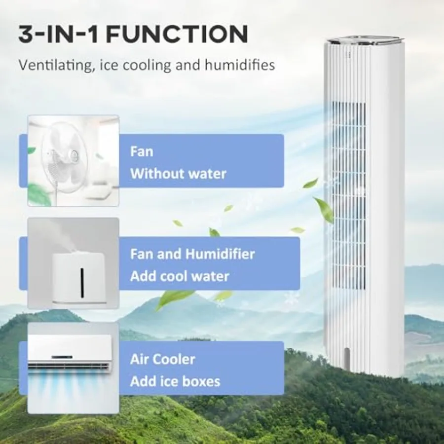 42 3w1 Chłodnica Powietrza z Funkcją Parowania, Nawilżaczem z Chłodzeniem Lodowym i Zbiornikiem na Wodę do Domu, Biura i Użytku Wewnętrznego, 60° Oscylacja, Przenośna