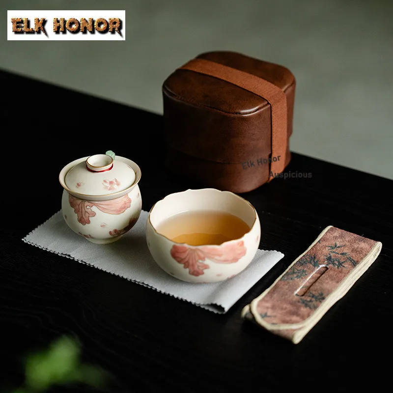 Gold Drawing Pure Hand-painted Red Fish Algae Travel Tea Set Kit Japanese 1 Pot 1 Cup Tea Maker Organizer Portable PU Handbag