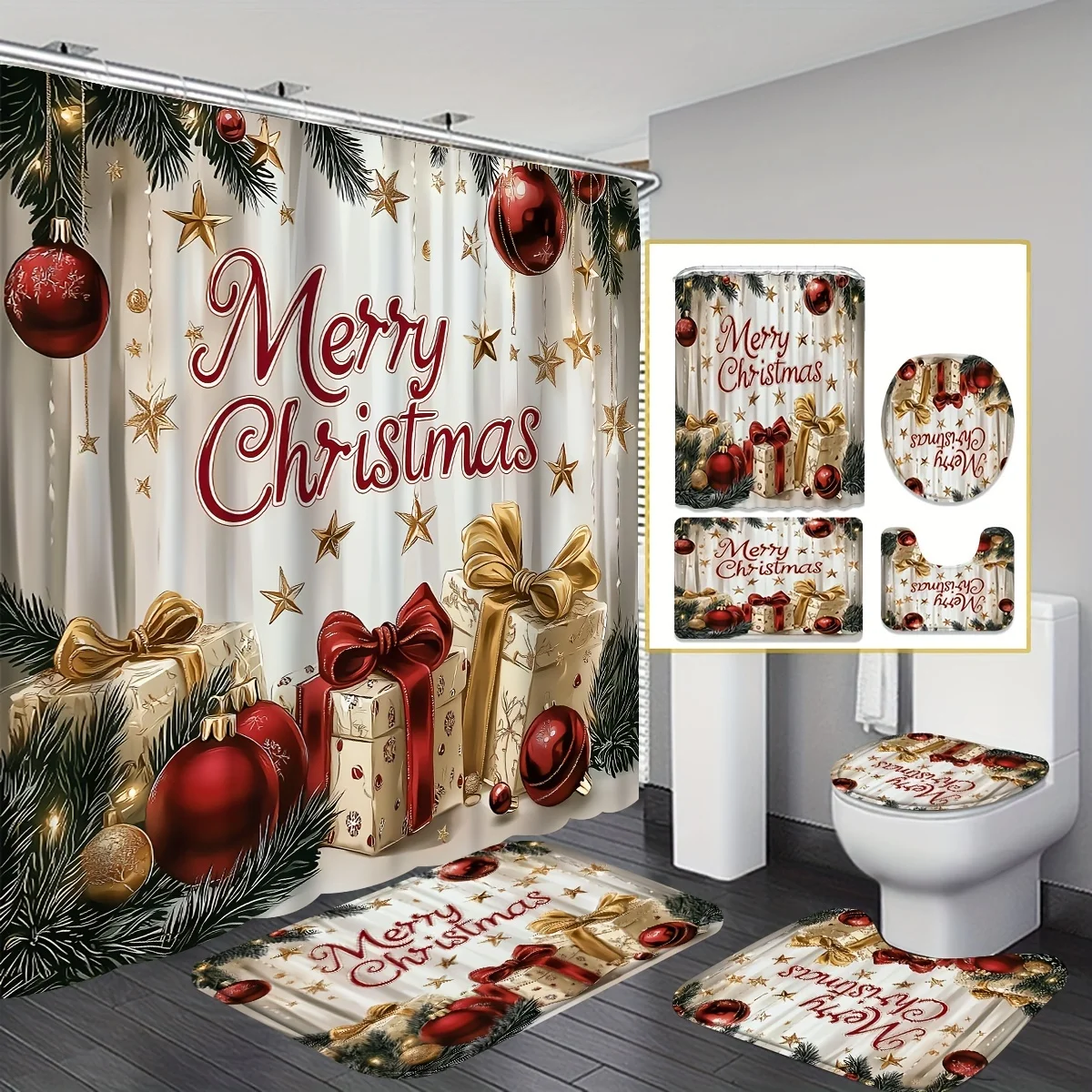 

4pcs Christmas Red Green Golden Shower Curtain Set with Non-Slip Mat & Toilet Cover,High Quality Polyester Winter Bathroom Decor