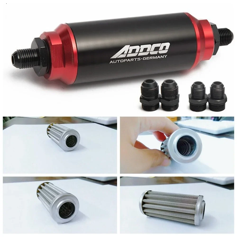 Universal Car Racing In-Line Fuel Oil Filter With AN10 AN8 AN6 Fittings Adapter Black&Red 40 Micron ADF09901