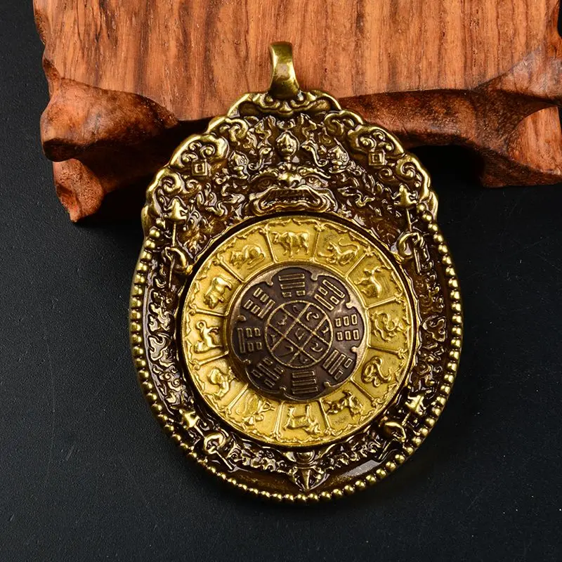 Chinese Traditional Pure Brass Tibetan 12 Zodiac Rotatable Nine Palaces Bagua Pendant Necklace Good Luck Blessing Wealth Spiritu