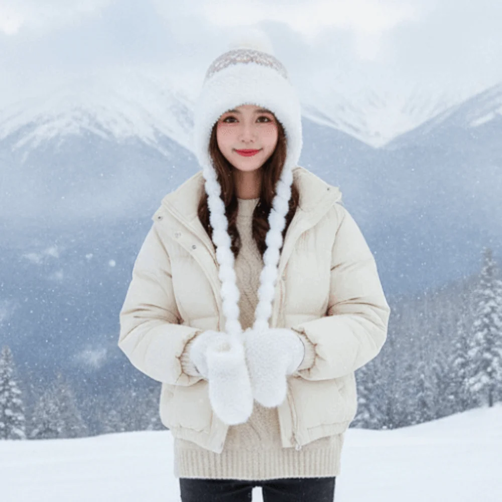 Fleece Lined Pompom Braids Hat Striped Knit Soft Yarn Fur Trim Trapper Windproof Thermal Earflap Winter Cap Skiing