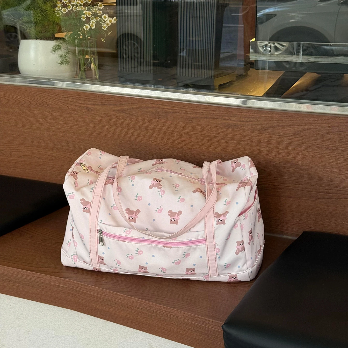 cute-bear-large-capacity-short-trip-women's-handbag-portable-luggage-bag-for-outdoor-travel-canvas-material-summer-season