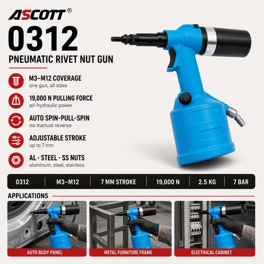 High quality Pneumatic Rivet Nut Gun M3-M12 Adjustable Stroke 19,000 N Pulling Force Auto Spin Air Rivet Nail Gun