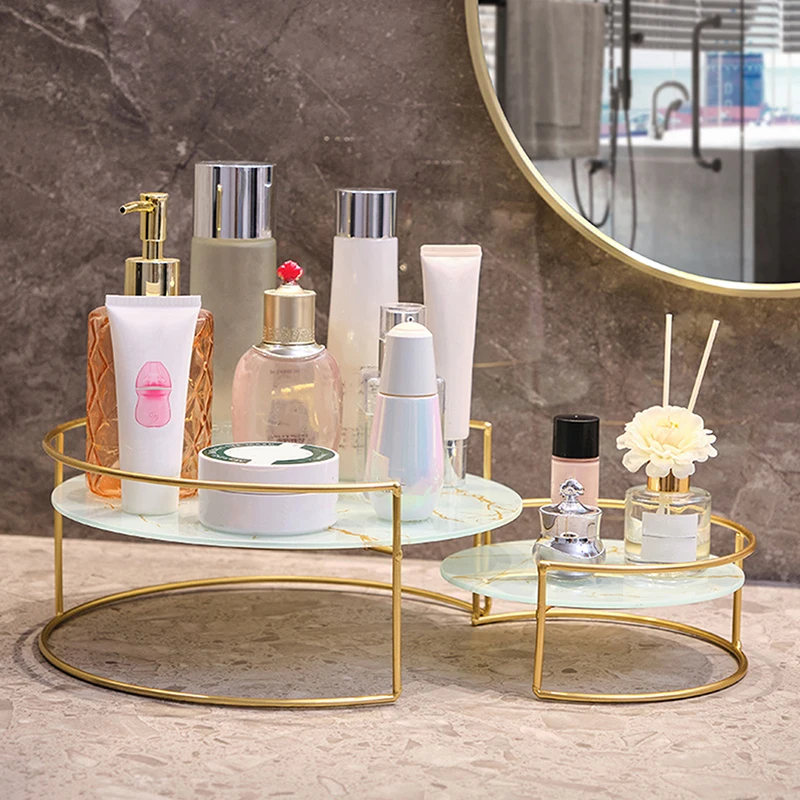 Bathroom Organizer Holder with Metal Base Cosmetic Container Marble Pattern Tray Rack Home Party Decoration Candle Holder New