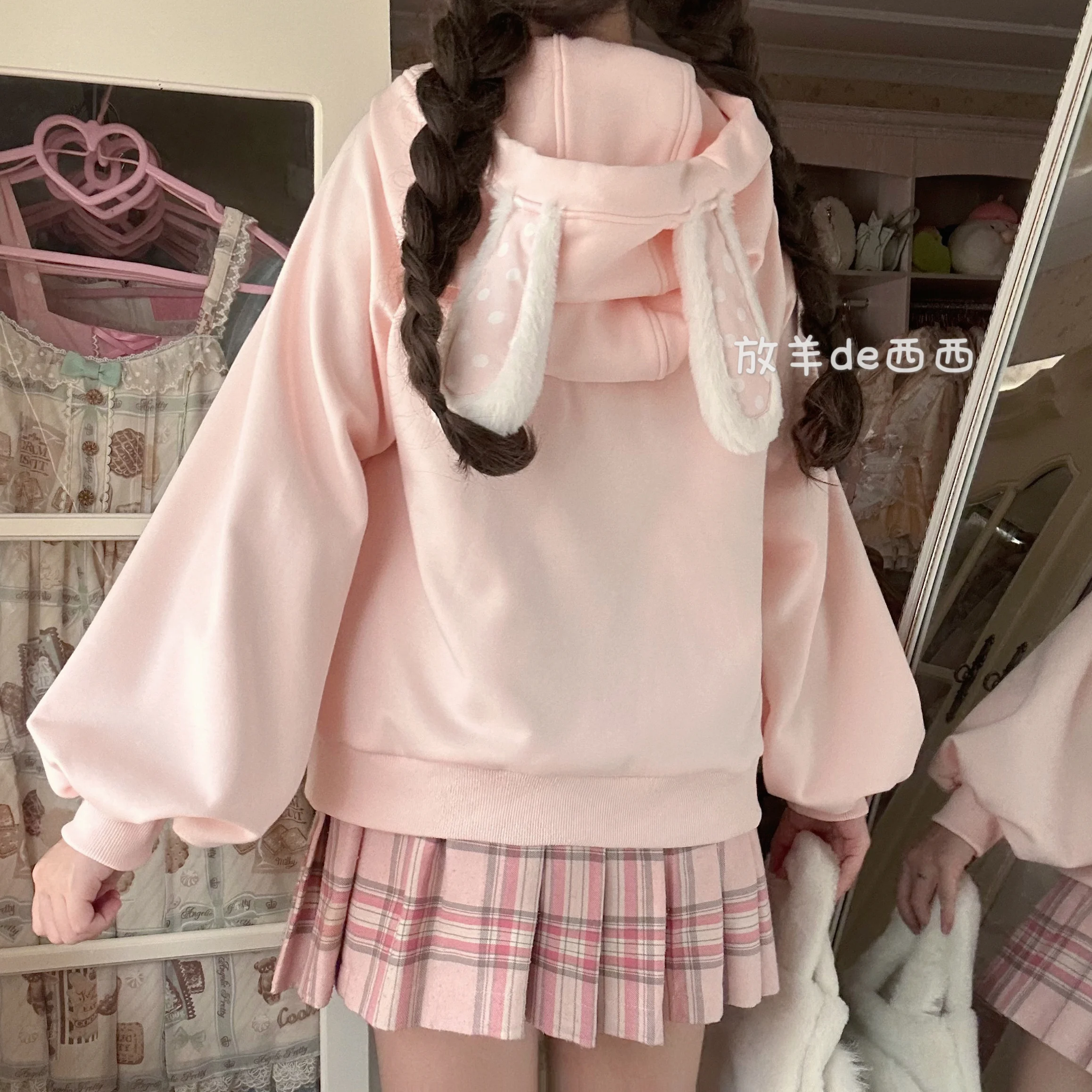 الأصلي الفتيات اليابانية الحلو الوردي هوديس الخريف الشتاء المرأة الجديدة فضفاضة ضئيلة الدافئة الصوف أرنب الأذن مقنعين البلوز البلوز