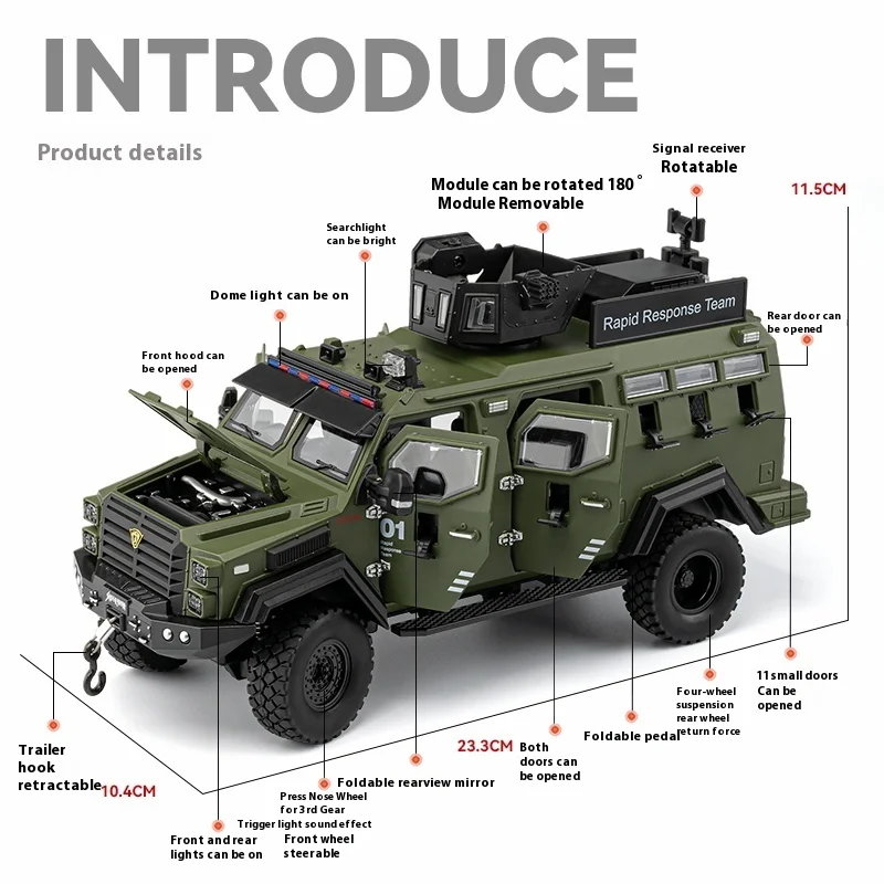 1:24 Sword Toothed Tiger Explosion Proof Car Model Alloy Diecast Police Armored Off Road Vehicles Simulated Children's Toys Gift